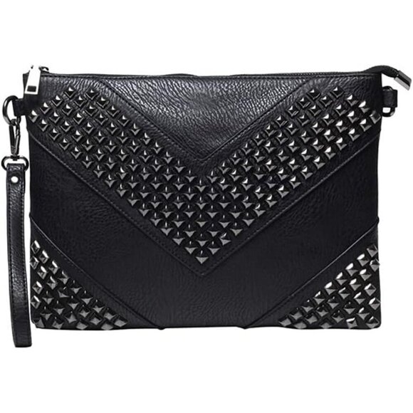 ✨Nigedu Women Black Oversized Leather Clutch Studded Wristlet Envelope Handbag - Picture 1 of 6